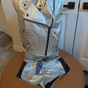 Rebecca Minkoff Metallic Silver Moto Vest  Jacket And shorts Set